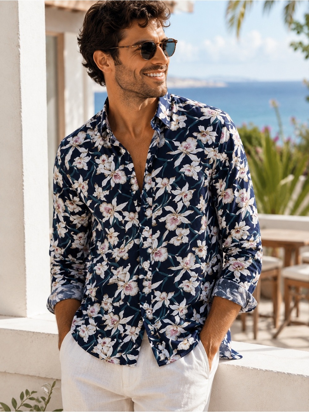 Mens Floral Button Up Shirt Blue White Tropical Resort Shirt Large